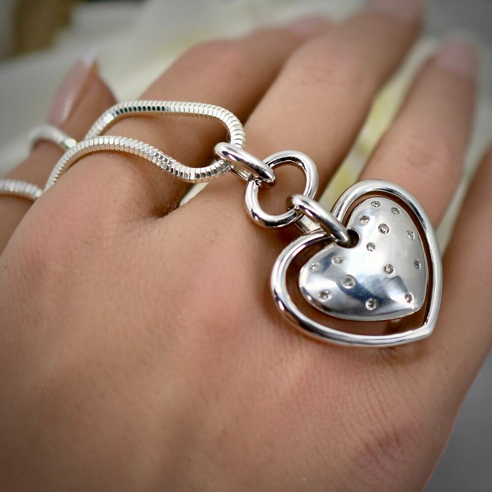 925 Sterling Silver Reversible Puffy Heart Diamond Pendant Necklace Stars Moon